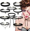 A collage of various black chokers with gold accents, and a partial image of a woman wearing makeup and jewelry. Produktbild-Vorschau
