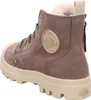 A single brown Palladium ankle boot with a beige sole and laces, shown from the back-left side. Produktbild-Vorschau