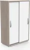 A 3D rendering of a two-door wardrobe with a wood-effect frame and white doors. Produktbild-Vorschau