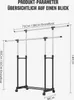 Diagram illustrating the dimensions and adjustability of a double-rod garment rack. Anteprima dell’immagine prodotto