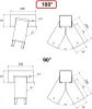 Technical drawings showing dimensions and angles for a playground swing set construction. Produktbild-Vorschau