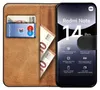 A book-style phone case with a phone inside, showing cards and banknotes in the case's slots. Produktbild-Vorschau