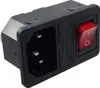 A close-up, professional studio shot of a black power entry module with a red switch and a fuse holder. Podgląd zdjęcia produktu