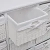 A close-up view of a white wicker storage basket with a white fabric liner, part of a larger set of drawers or shelves. Náhľad obrázku produktu