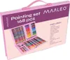 A pink art supply case is open, displaying a variety of colorful art supplies like markers, crayons, and paints. Podgląd zdjęcia produktu