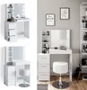 A collage of images showing a white vanity table with a mirror and stool, and a separate image of the vanity table with lights. Náhled obrázku produktu