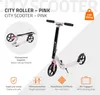 A pink city scooter with various feature icons and text. Náhľad obrázku produktu
