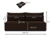 A diagram showing the dimensions of a brown sofa, with a separate illustration of the sleeping surface dimensions. Voir les images du produit