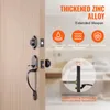 A close-up view of a black door handle and lock set mounted on a light-colored wooden door, with marketing text and icons overlayed on the right side. Anteprima dell’immagine prodotto