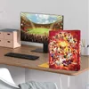 A desk with a computer monitor displaying a soccer stadium, a keyboard, and a soccer-themed advent calendar. Produktbild-Vorschau