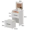 A white vanity table with a mirror and a stool, with dimensions indicated by text overlays. Náhľad obrázku produktu