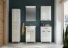 A modern bathroom vanity set with a sink, mirror, and cabinets against a dark teal wall. Voir les images du produit