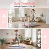 A split image showing a woman walking on a treadmill while working on a laptop in the top panel, and running on a treadmill in the bottom panel. Text overlays describe the speeds for working and running. Produktbild-Vorschau