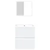 A white bathroom vanity with a sink and a mirror above it, set against a white background. Produktbild-Vorschau