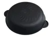 The underside of a black cast iron pot with embossed text and a swirling pattern. Produktbild-Vorschau