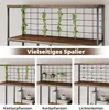 A collage of three images showing a multi-tiered shelf unit with a grid backing, styled in different ways with plants and lights. The top section shows the shelf unit with hanging vines. The bottom section shows three variations: one with climbing plants,  Podgląd zdjęcia produktu