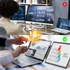 A split image showing two different scenarios of using monitors. The top shows a person working with multiple monitors displaying charts and graphs. The bottom shows a group of people collaborating around a laptop and a tablet displaying similar data visua Produktbild-Vorschau