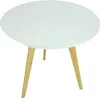 A white round table with three wooden legs against a white background. Podgląd zdjęcia produktu