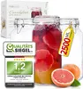 A set of three large glass jars, one filled with a red beverage and fruit slices, and two empty. A yellow tag indicates volume, and quality seals are displayed. Produktbild-Vorschau