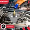 A person wearing orange gloves is pouring oil from a blue bottle into a metal funnel placed over a car engine. Produktbild-Vorschau