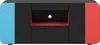 A front view of a gaming TV stand with blue and red accents on the sides and a black center with a red interior shelf and a white circle in the middle. Produktbild-Vorschau