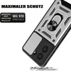 A close-up, angled view of a rugged smartphone case with a ring holder and camera protection, presented against a white background with marketing text. Produktbild-Vorschau