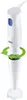 A white immersion blender with a blue button, attached to a white blending cup. Green arrows indicate a rotational motion. Anteprima dell’immagine prodotto