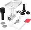 A collection of kitchen appliance accessories, including a meat grinder attachment, various discs, a sausage stuffer, an egg separator, and a spatula, laid out on a white background. Produktbild-Vorschau