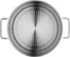 A top-down view of a stainless steel colander with handles. Produktbild-Vorschau