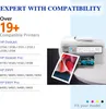 A printer is shown with a printed image, and a list of compatible HP printer models is displayed. Produktbild-Vorschau