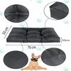 A dog bed with dimensions and close-up views of its texture and stitching, alongside a cartoon illustration of a dog. Podgląd zdjęcia produktu