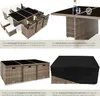 A collage of images showing a rattan furniture set, including a table and chairs, and a protective cover. Náhled obrázku produktu