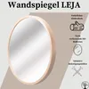 A round wooden mirror with text and icons describing its features. Anteprima dell’immagine prodotto