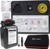 A product shot of a tire repair kit with a compressor, sealant bottle, and accessories, laid out on a light gray background. Produktbild-Vorschau