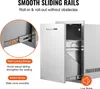 Collage showing details of a stainless steel outdoor kitchen drawer, highlighting smooth sliding rails and a self-locking design. Produktbild-Vorschau