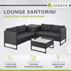 A black polyrattan lounge set with cushions and a coffee table, presented on a light gray and white background with marketing text and icons. Produktbild-Vorschau