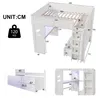 Diagrams and measurements of a white loft bed with a desk and drawers. Podgląd zdjęcia produktu