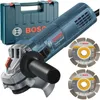A Bosch angle grinder with accessories and a case, presented on a white background. Produktbild-Vorschau