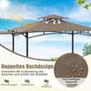 A gazebo with a double roof design shown outdoors under a sunny sky, with graphic overlays highlighting features. Produktbild-Vorschau