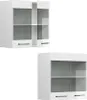 Two white kitchen cabinets with glass doors and drawers are shown against a white background. Produktbild-Vorschau