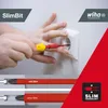 A person is using a Wiha SlimBit screwdriver to insert into an electrical outlet. Below, there are two diagrams comparing a 'slim' screwdriver bit with a regular one. Náhľad obrázku produktu