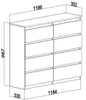 A technical drawing with dimensions of a black and wood dresser. Produktbild-Vorschau