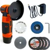 A collection of tools and accessories for a cordless angle grinder, laid out on a white background. Podgląd zdjęcia produktu