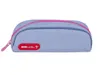 A light blue pencil case with pink trim and a pink zipper, decorated with small pink hearts and a red logo. Produktbild-Vorschau