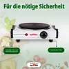 A white electric hot plate is shown, with text and graphics highlighting its features. Produktbild-Vorschau