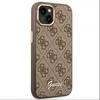 A close-up side view of a brown iPhone 14 Plus case with a repeating Guess logo pattern and a gold Guess logo at the bottom. Podgląd zdjęcia produktu