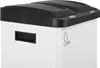 A close-up view of a white and black dual-compartment trash can with a logo on the side. Produktbild-Vorschau