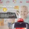 A child is smiling in the background, and a bottle with a red cap is in the foreground. Text overlays describe a child-proof cap. Produktbild-Vorschau