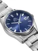 A close-up shot of a men's wristwatch with a blue dial and a silver metal band, set against a white background. Produktbild-Vorschau