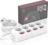 A white power strip with four outlets and red switches, along with its packaging, is displayed on a white background. Voir les images du produit